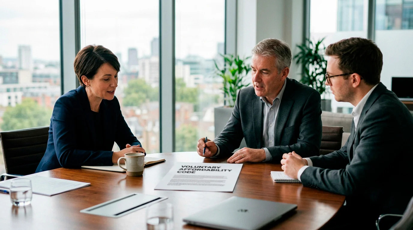 An industry meeting around a printed BGC voluntary affordability code document on the table