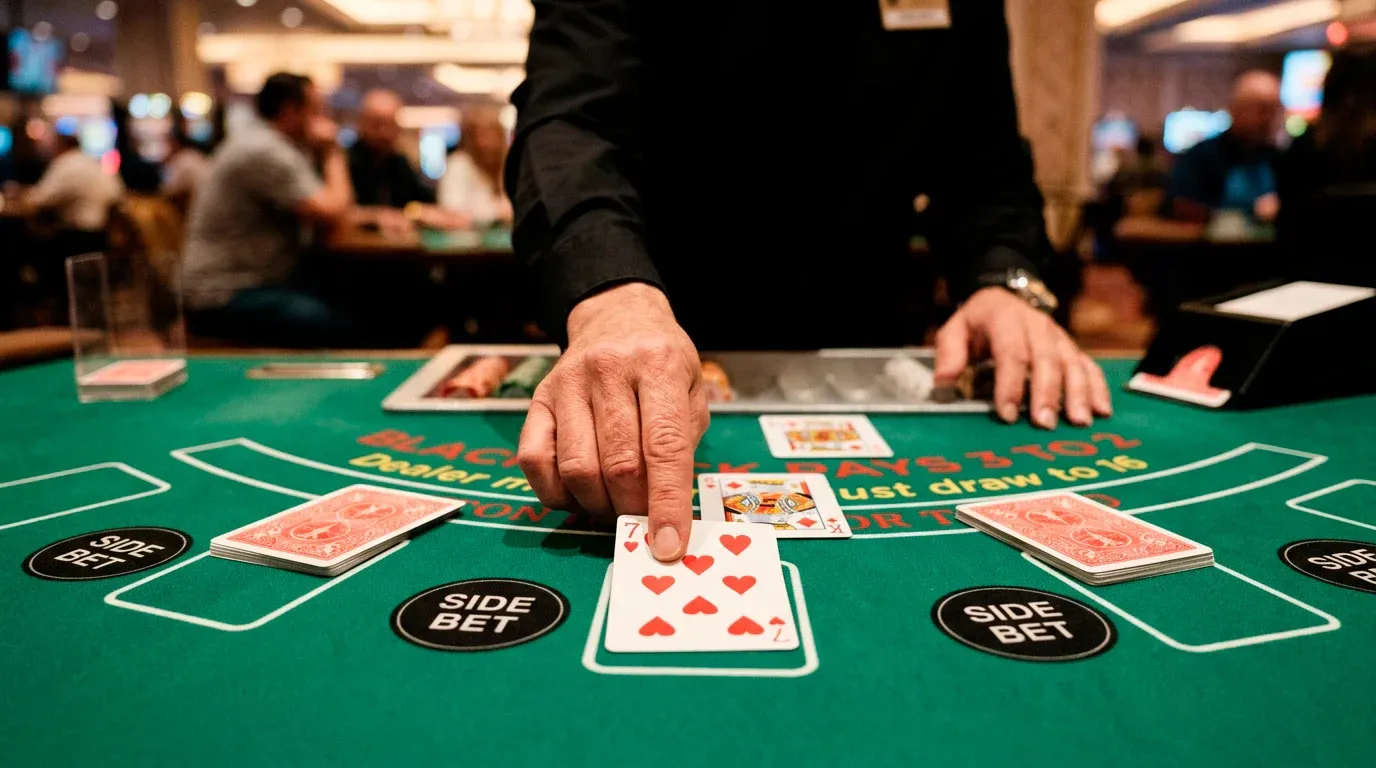Blackjack table with a dealer hand and side bet positions during welcome wagering