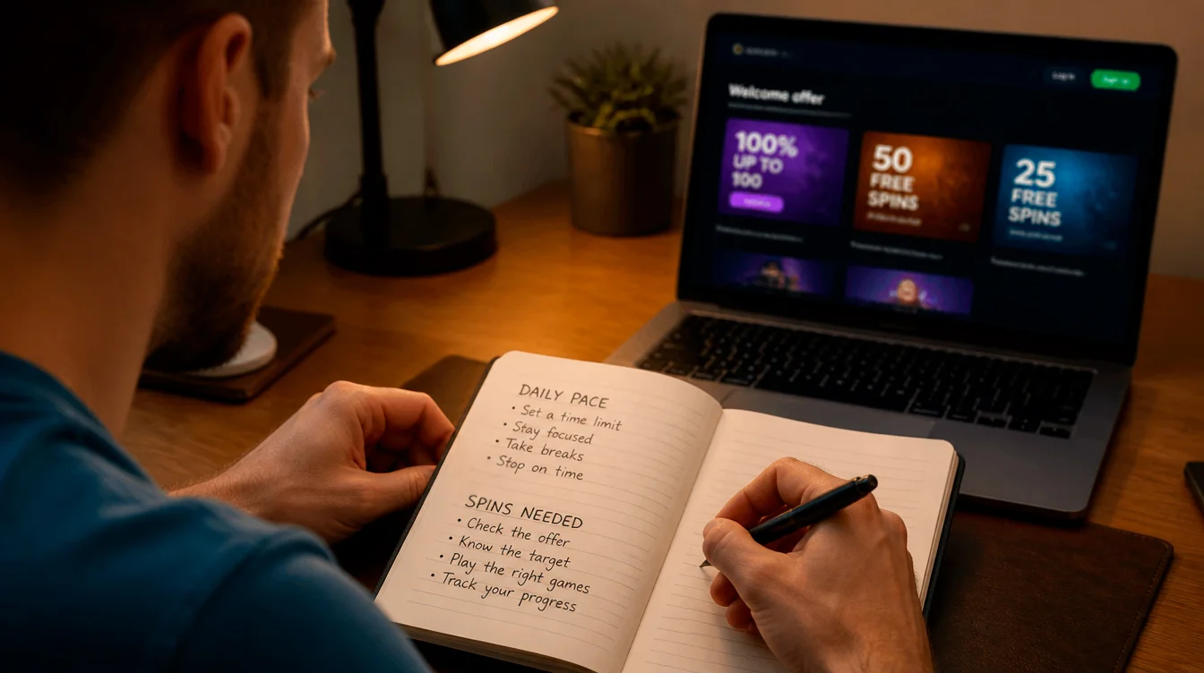 A player tracking welcome bonus activation pace in a notebook with the laptop displaying a slot lobby