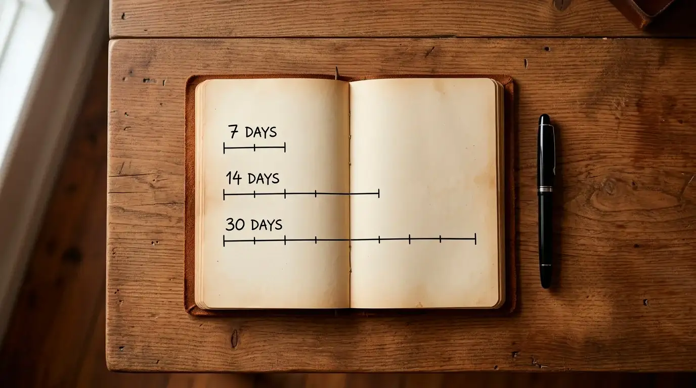 Notebook timeline showing seven, fourteen and thirty day welcome bonus windows