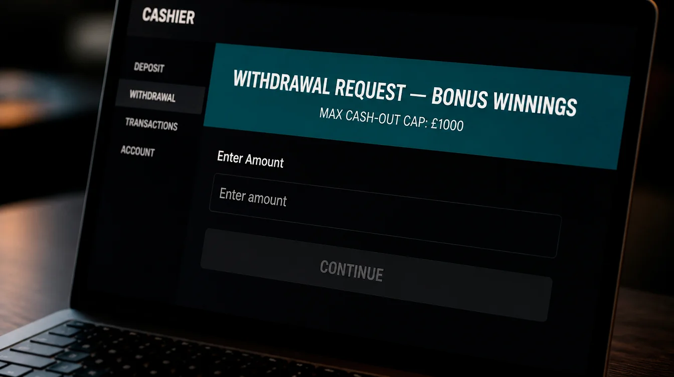 A casino cashier screen showing a withdrawal request set against the welcome bonus cash-out cap