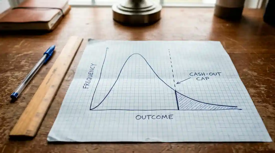 A simple hand-drawn outcome distribution curve on graph paper showing the truncation point at the cash-out cap