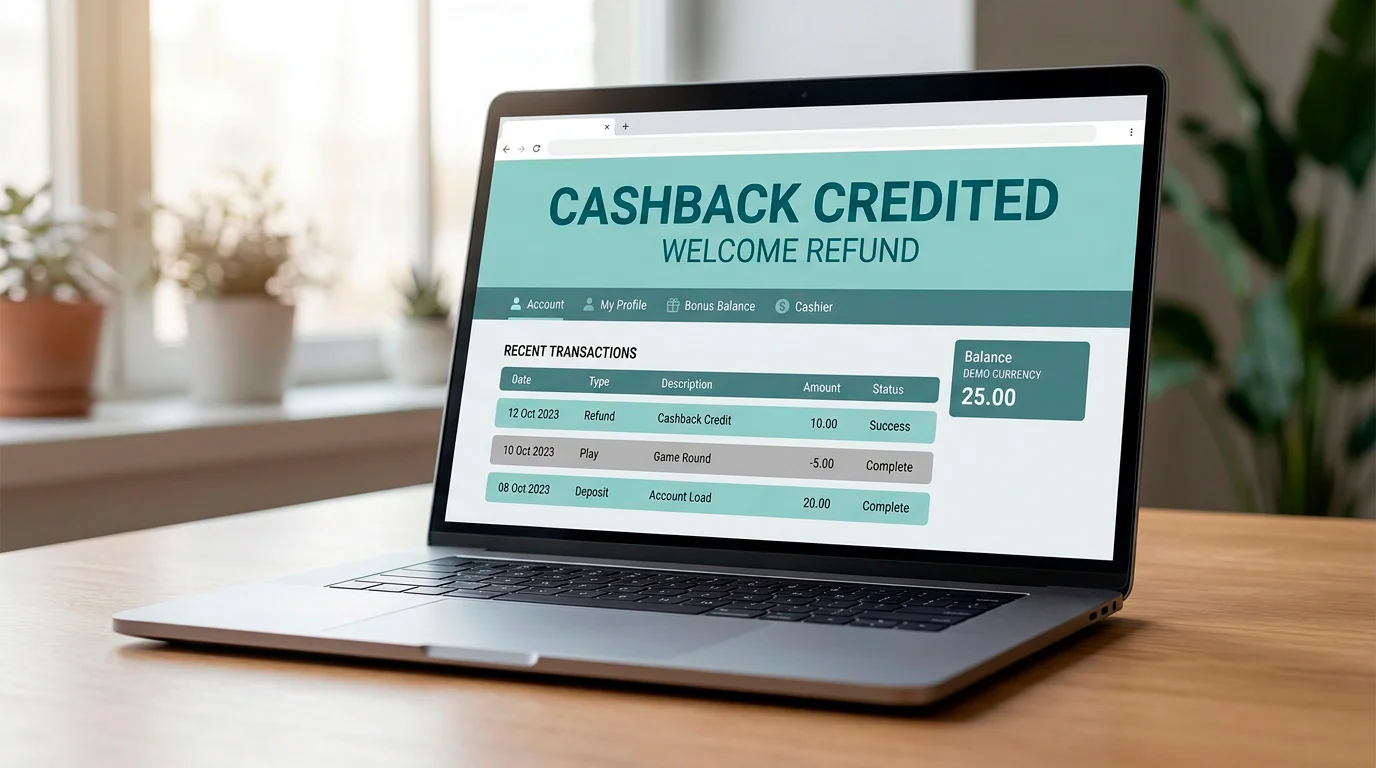 A UK casino account screen showing a cashback welcome refund being credited after a qualifying play window