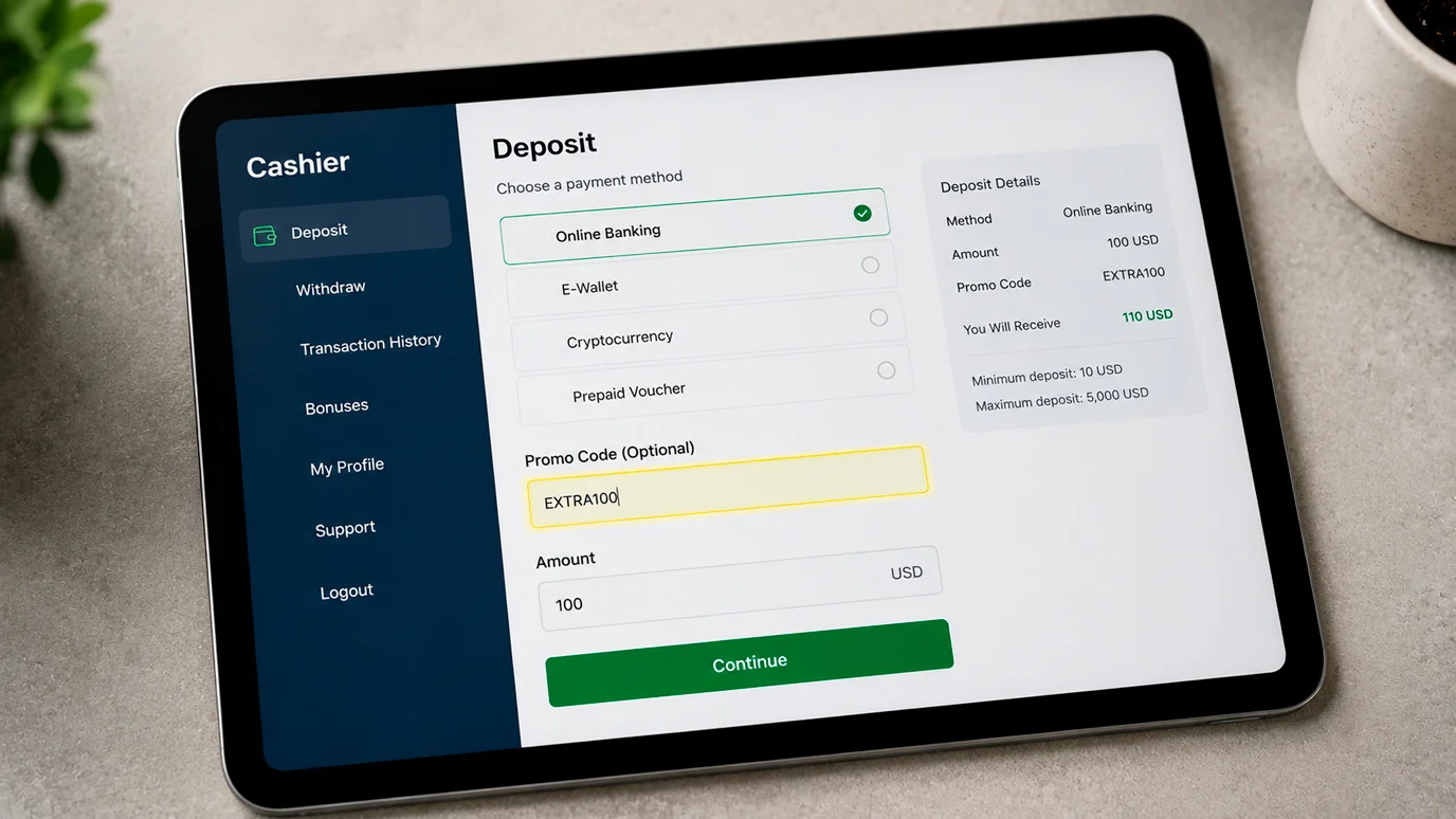 Showing where the promo code field appears in casino account flow