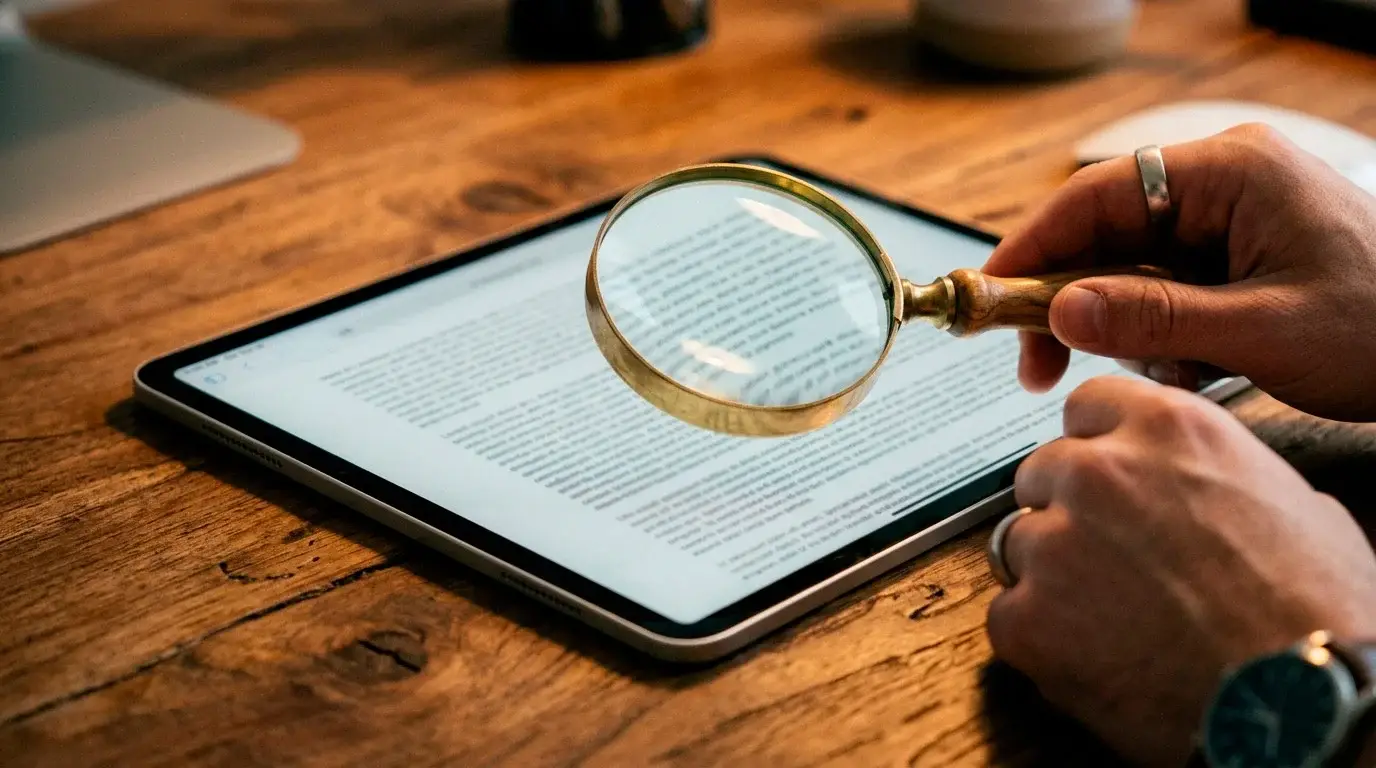 Casino welcome package terms on a tablet with a magnifying glass over the stage match figures