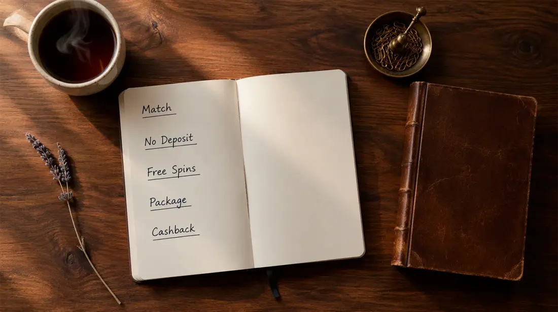 Notebook with handwritten comparison of casino welcome bonus categories next to a coffee cup