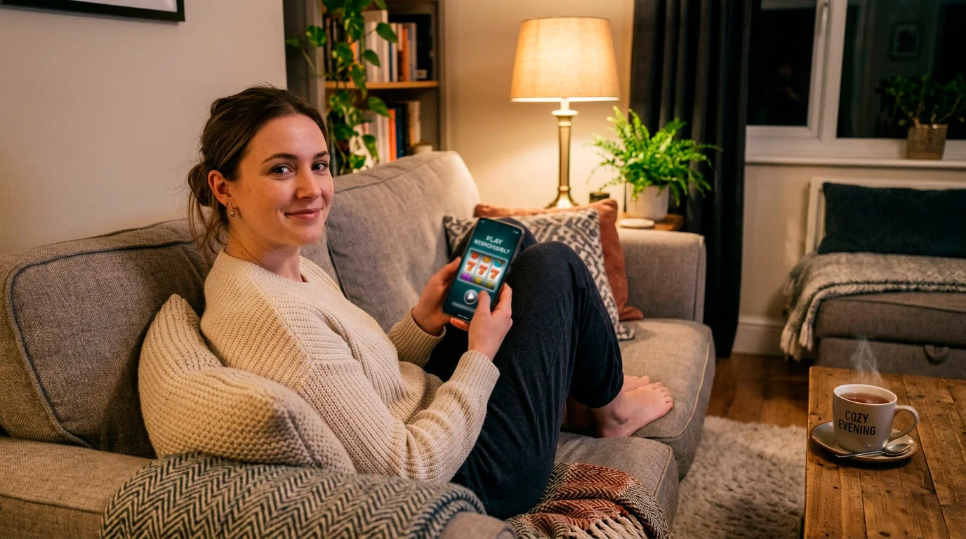 Casual player enjoying a short low stakes slot session at home
