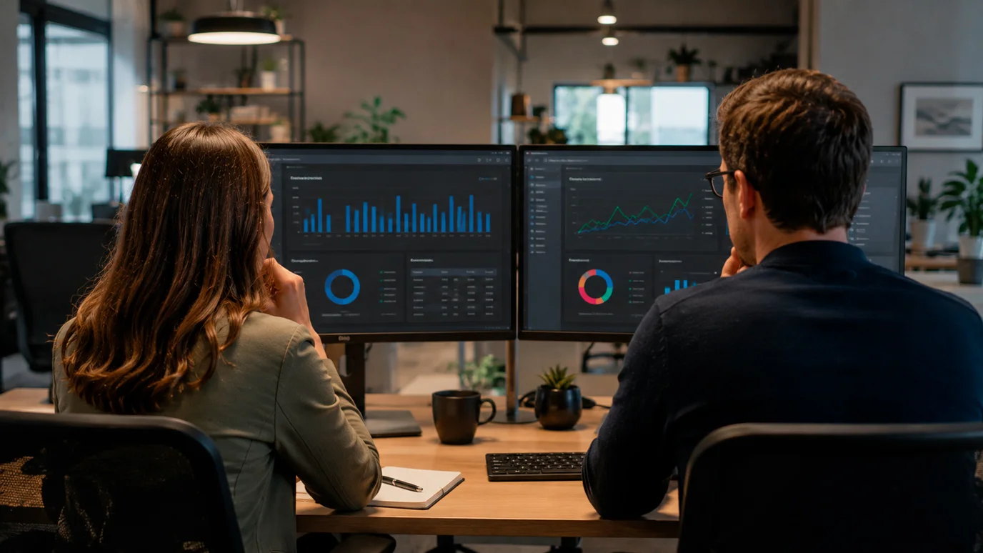 Compliance team reviewing flagged duplicate household accounts on monitors