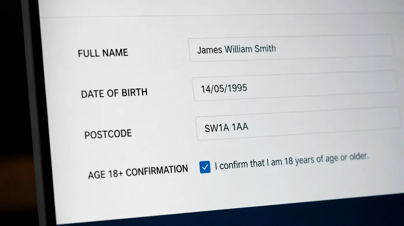 A UK casino registration form on screen highlighting eligibility fields for the welcome offer