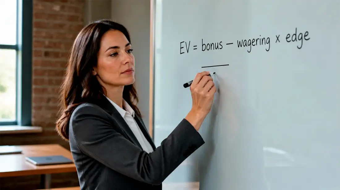Mathematician writing the expected value formula for a casino welcome bonus on a glass whiteboard