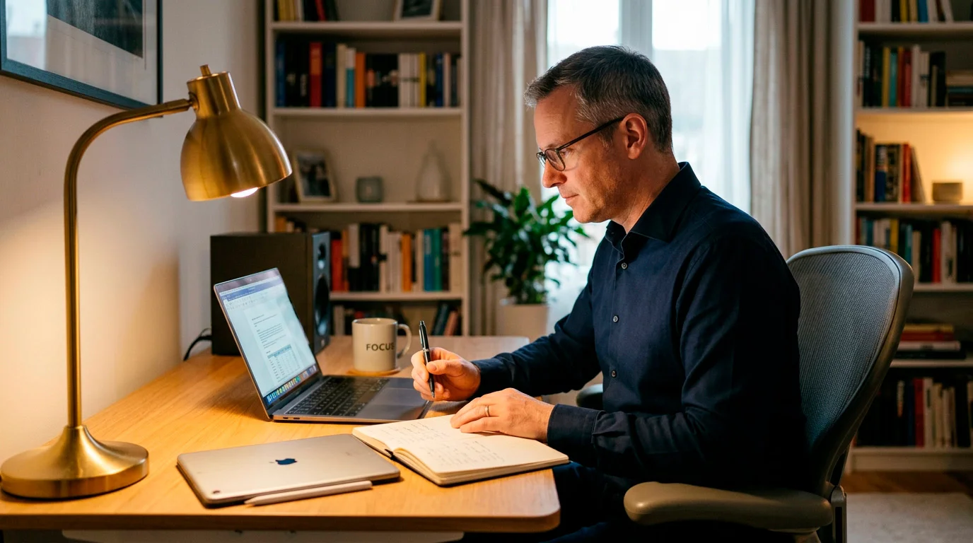 Experienced UK casino player working focused at a desk with multiple devices