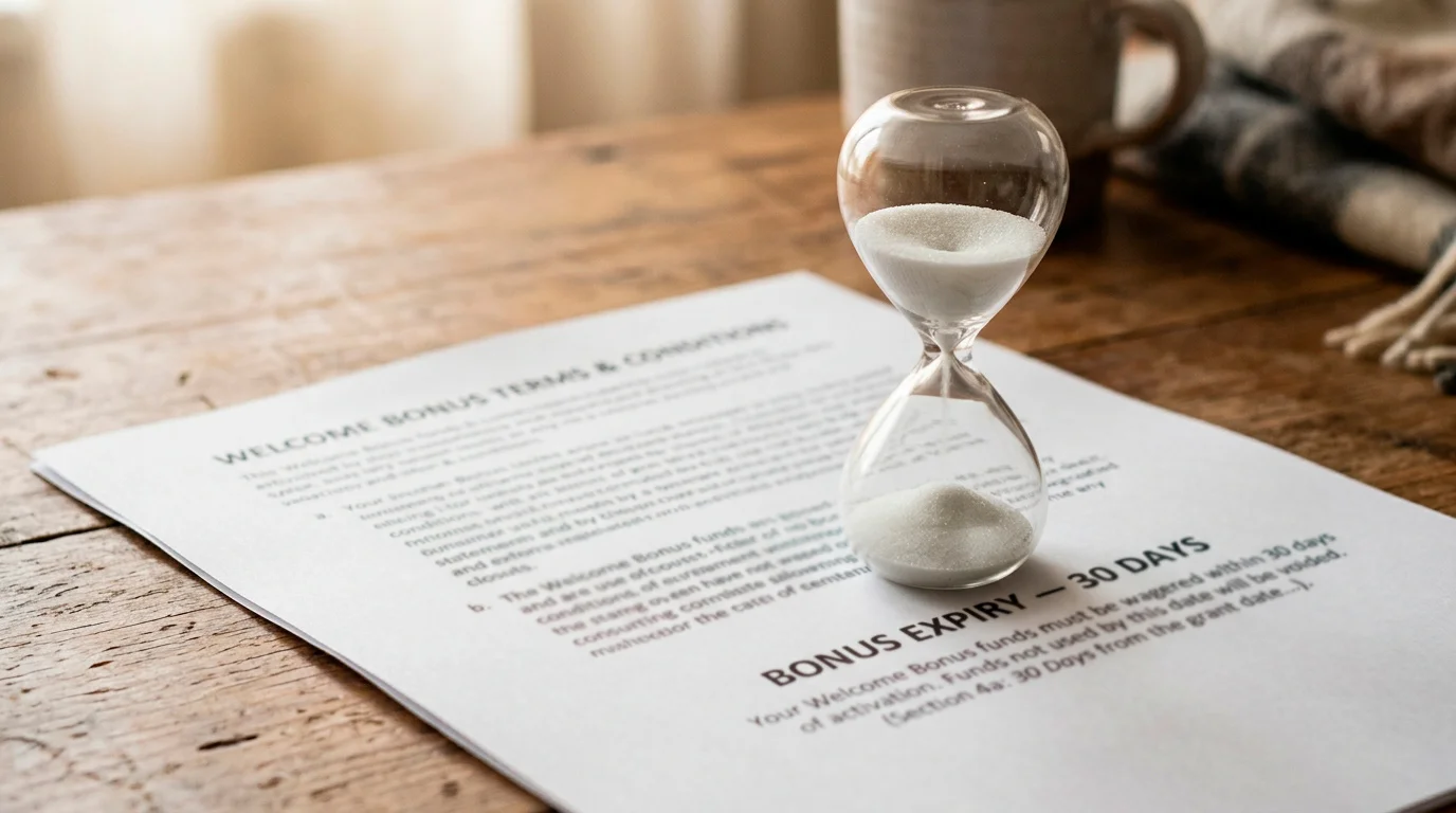 An hourglass placed on a printed welcome bonus T&C beside the highlighted expiry clause