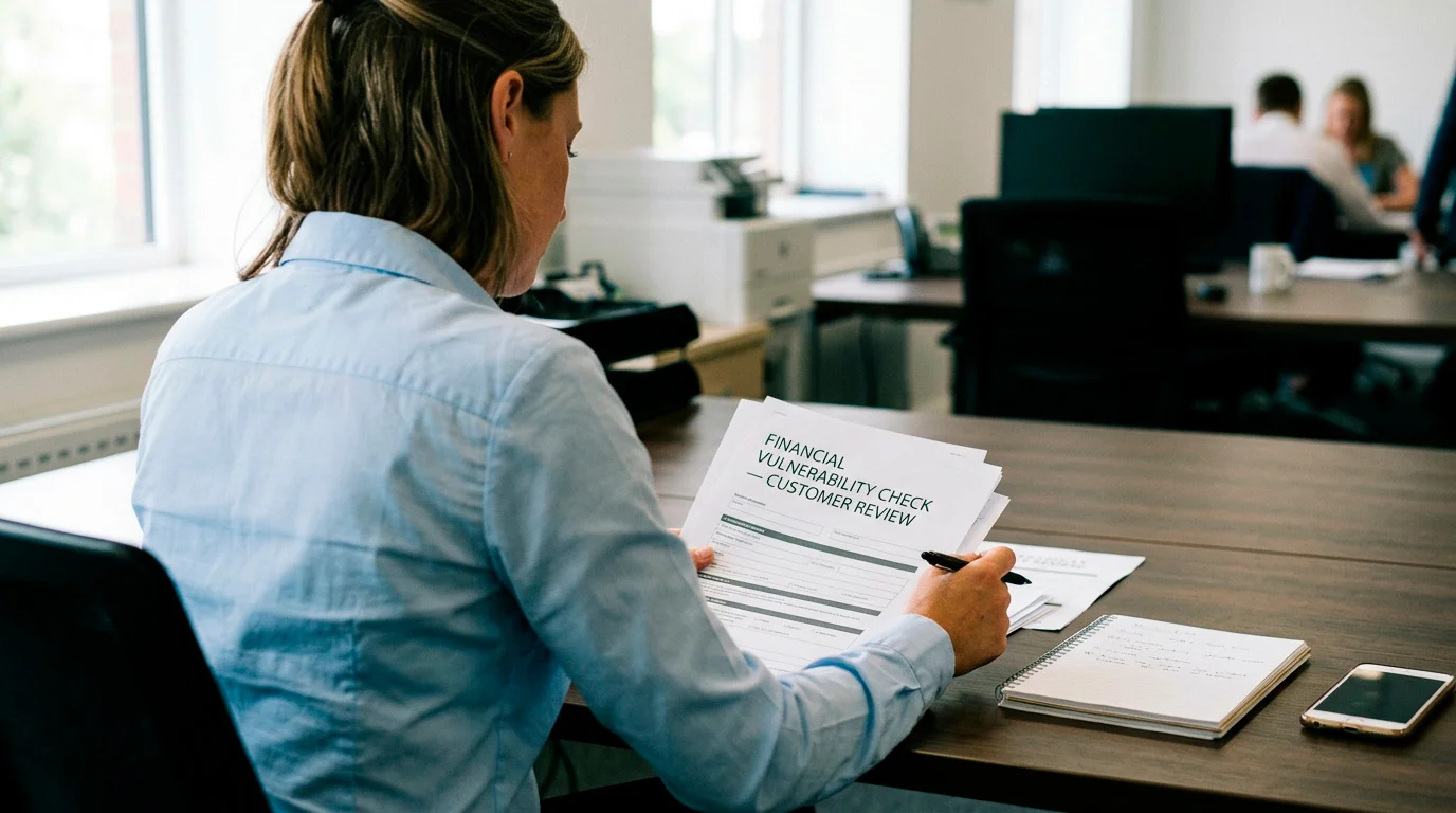 A compliance officer reviewing customer documents at a desk under the financial vulnerability check framework