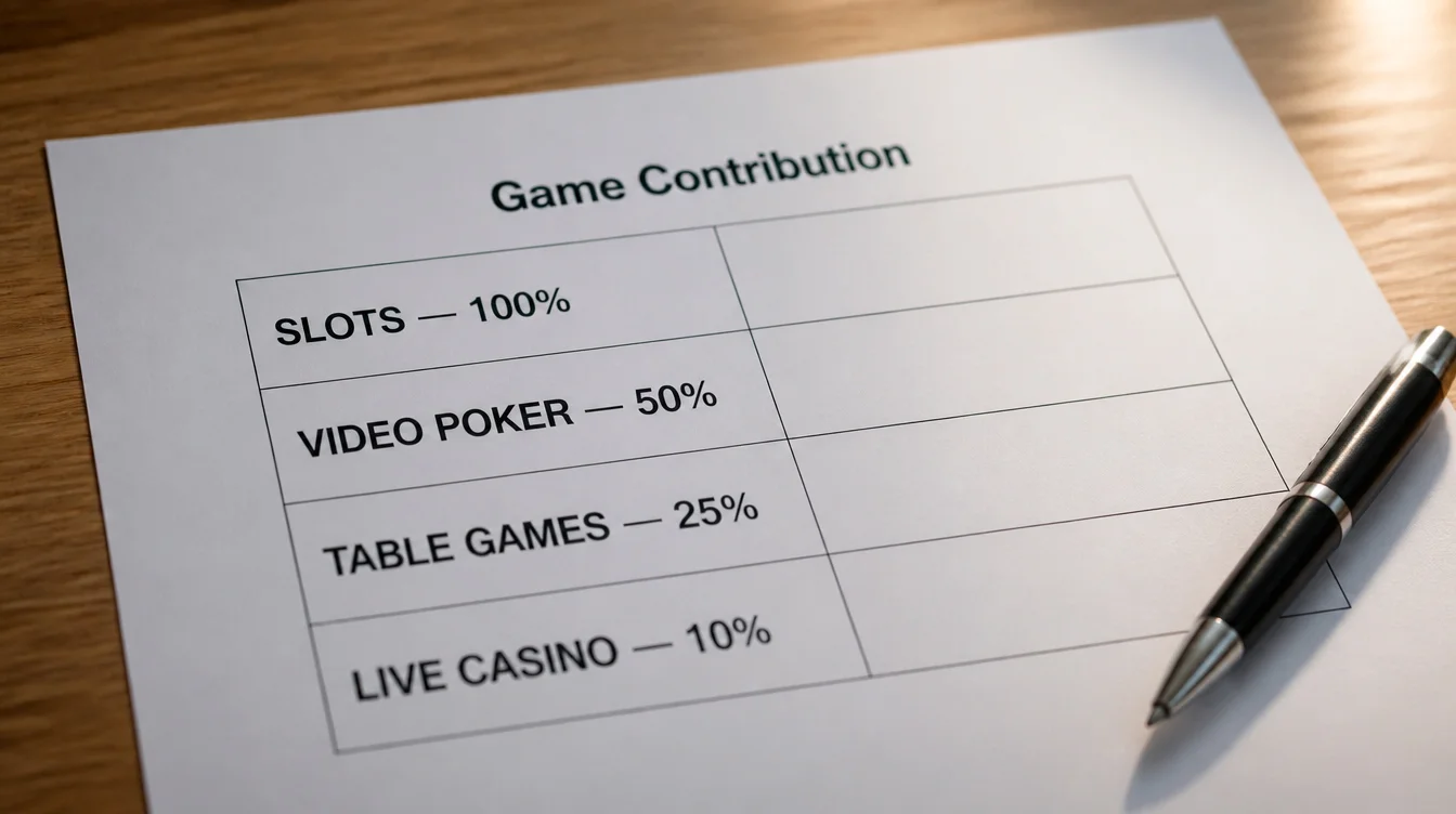A printed contribution-weighting table from a welcome bonus T&C showing slots, table games and live casino rates