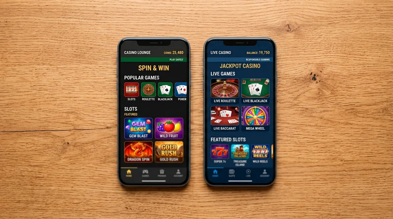 Two smartphones running iOS and Android casino apps side by side