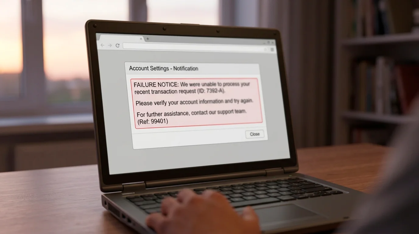 Generic casino account showing a verification failure notice