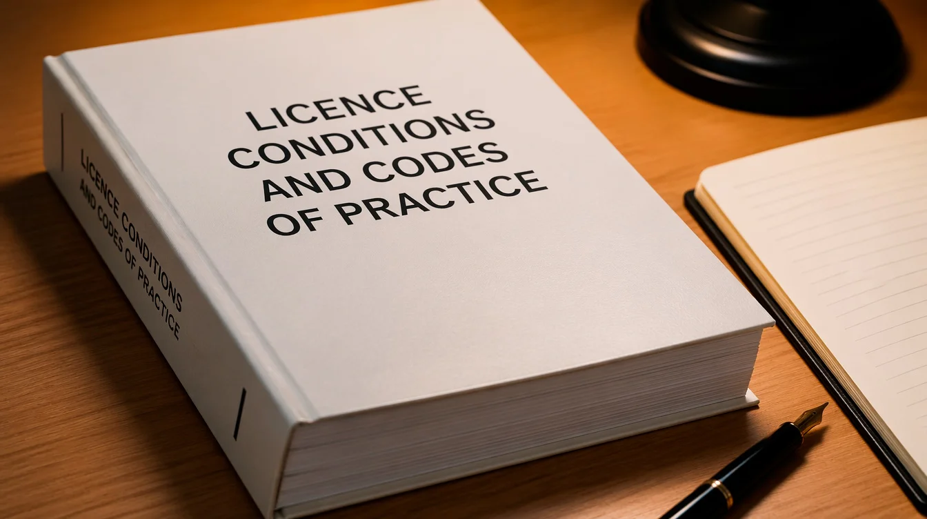 A printed Licence Conditions and Codes of Practice volume on a desk under focused light