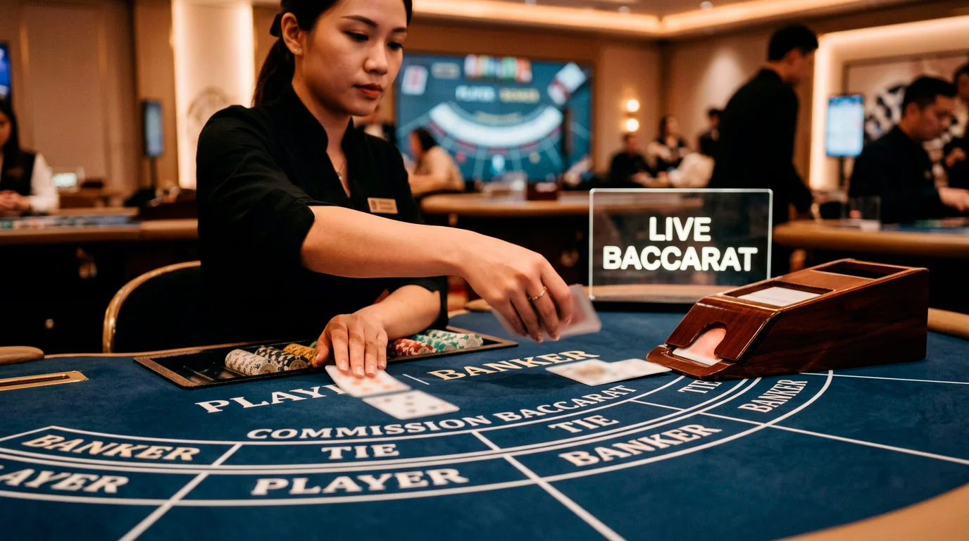 Live baccarat dealer placing cards for banker and player