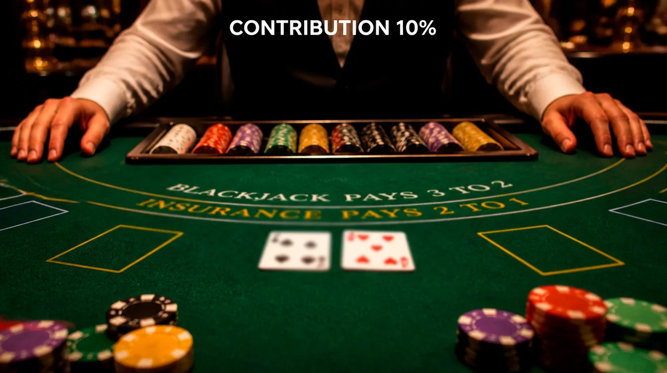 A live blackjack table with dealer and chip rack illustrating the 10 percent bonus contribution weighting