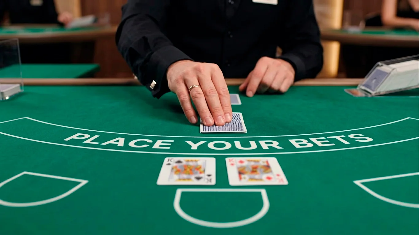 Live blackjack table cards dealt on green felt by dealer