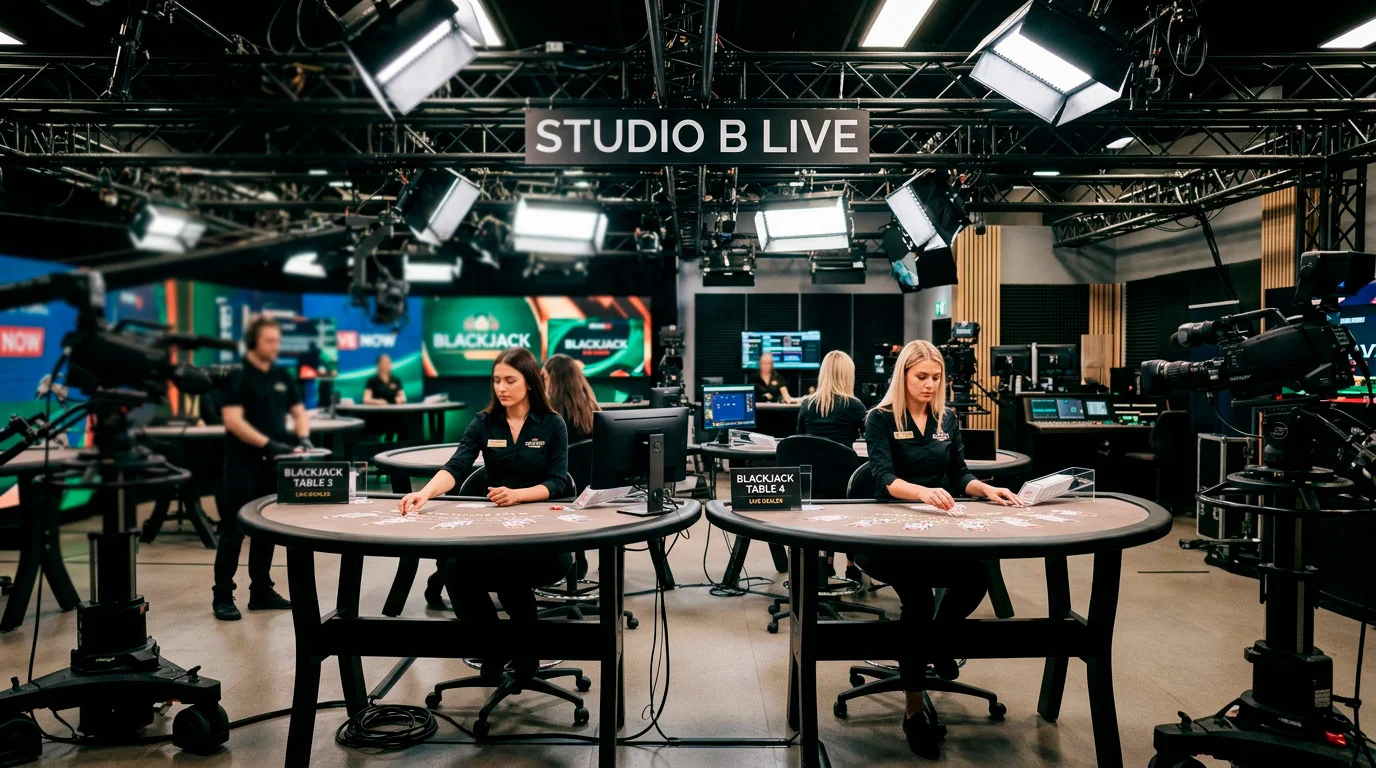 Live dealer broadcast studio set with multiple tables and cameras