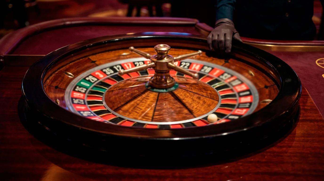 Live roulette table with dealer at wheel in broadcast studio