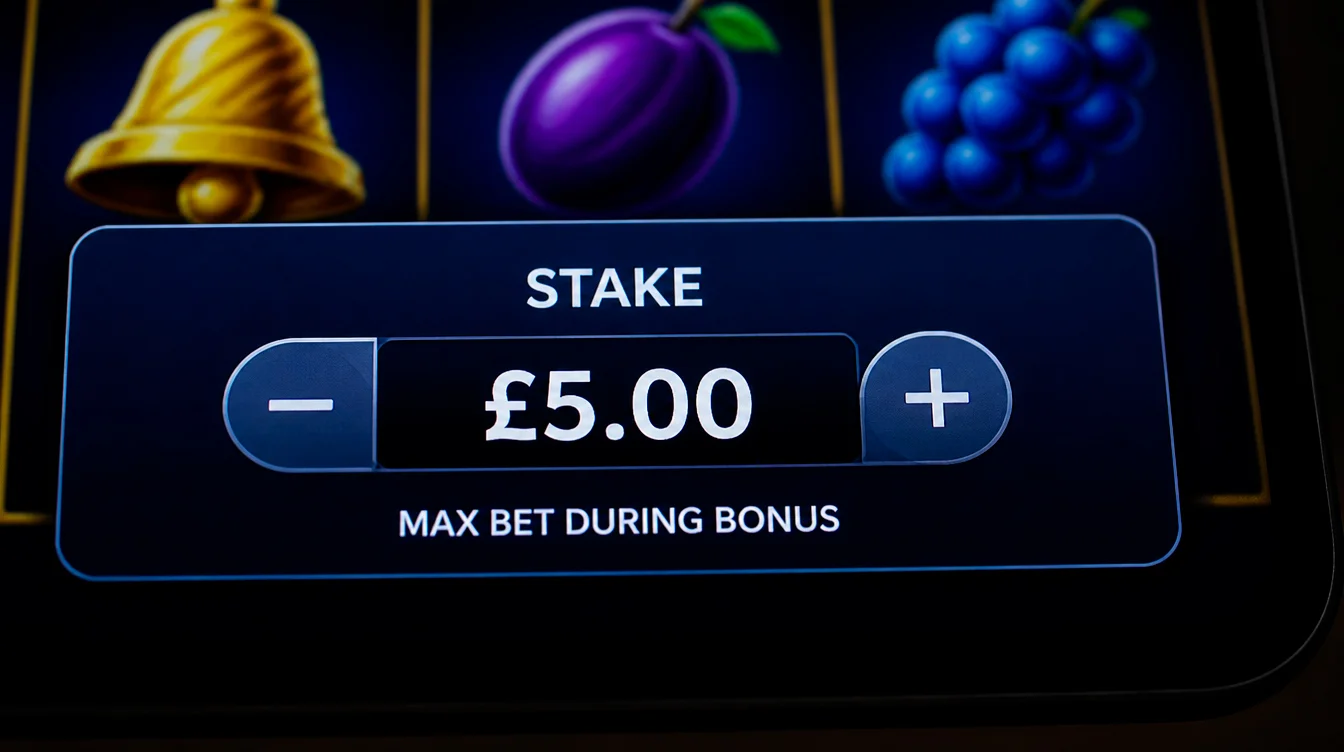 A UK online slot displaying a £5 stake selector showing the maximum bet cap during bonus play