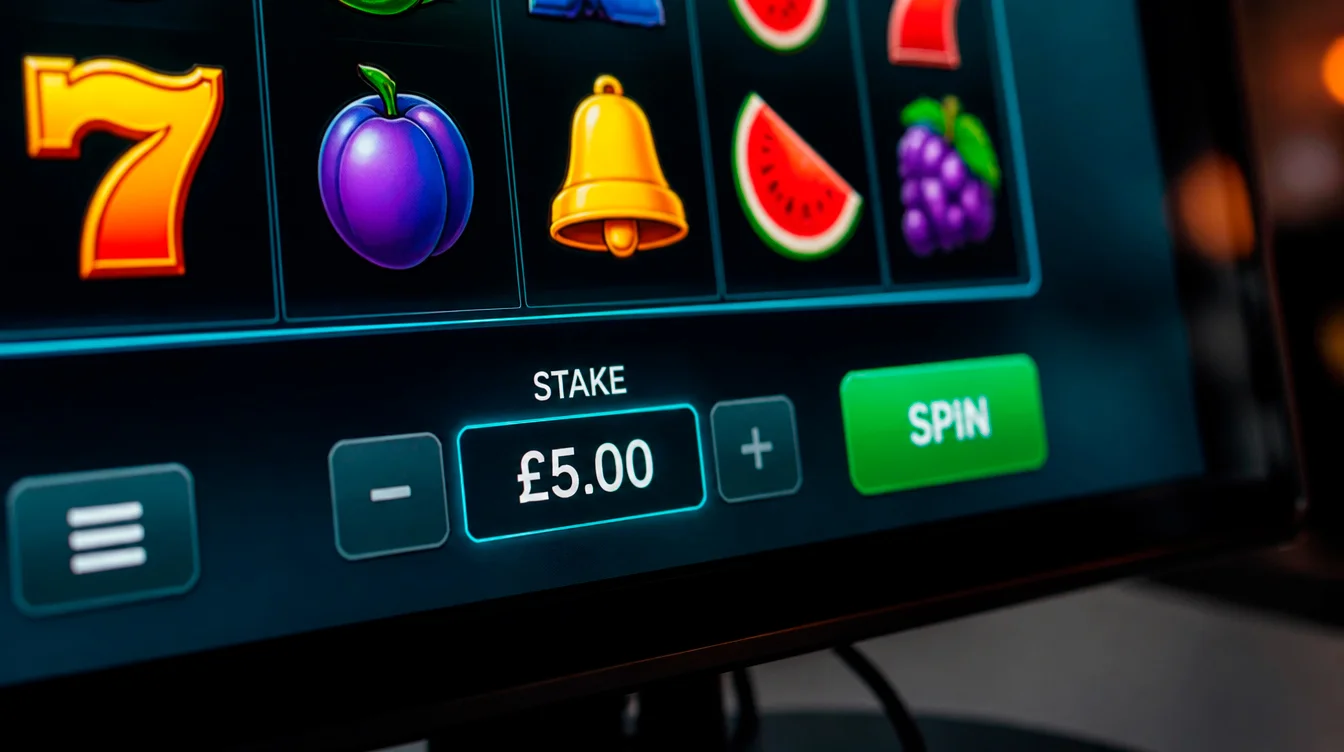 An online slot stake button capped at £5 illustrating the maximum bet rule during welcome bonus play