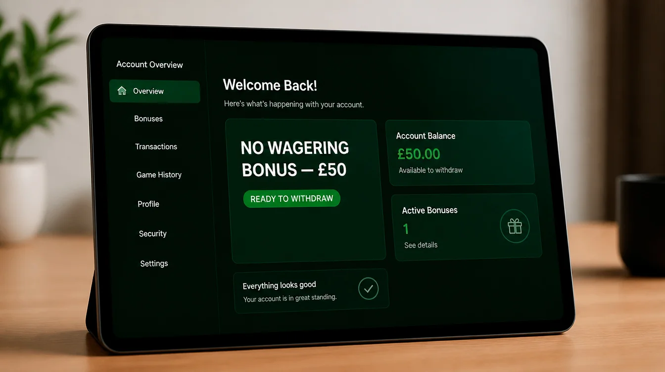 A UK casino account screen showing a no-wagering welcome bonus credit ready for use