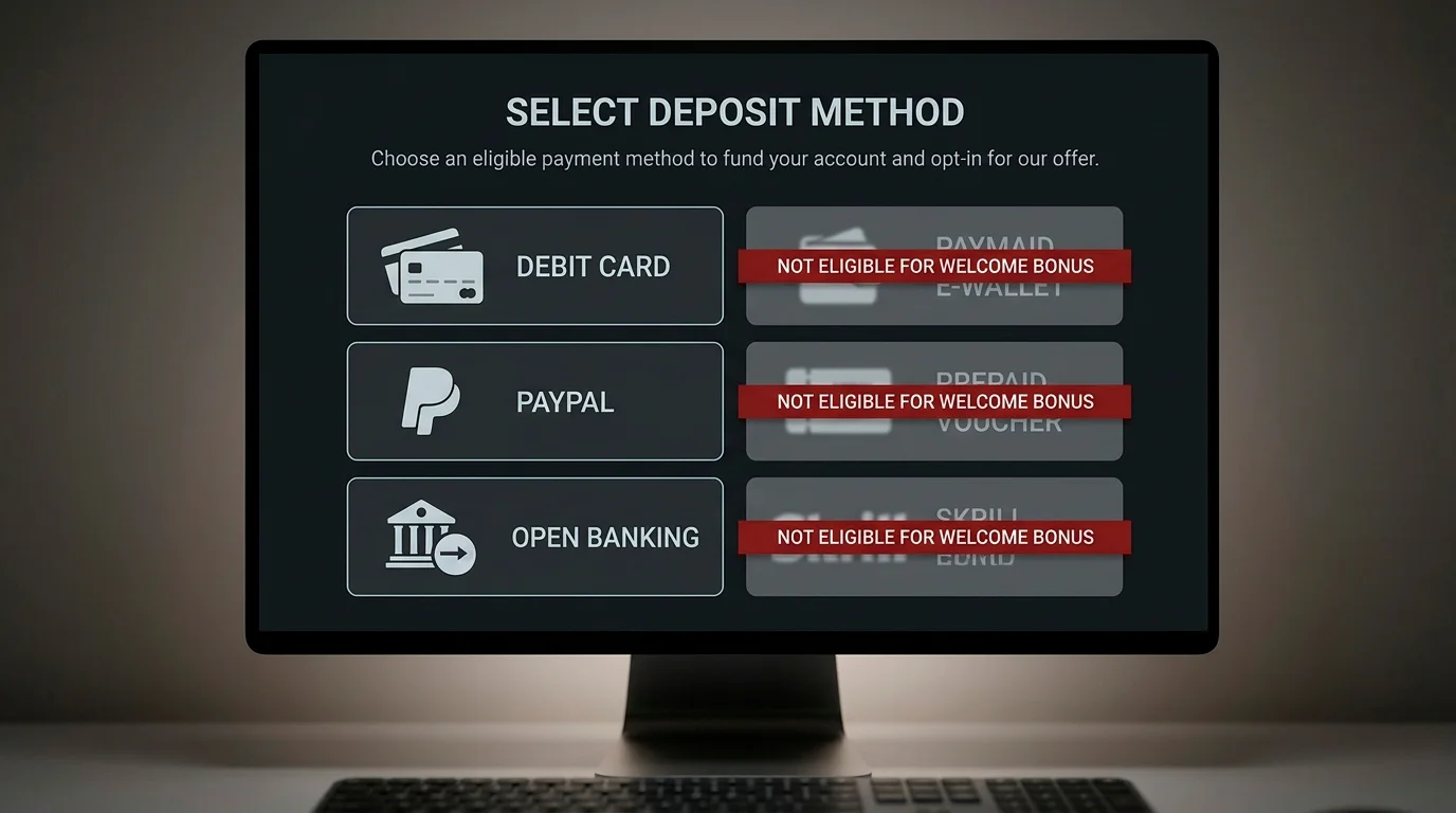 A UK casino deposit-method selection screen showing e-wallet options marked as excluded from the welcome bonus