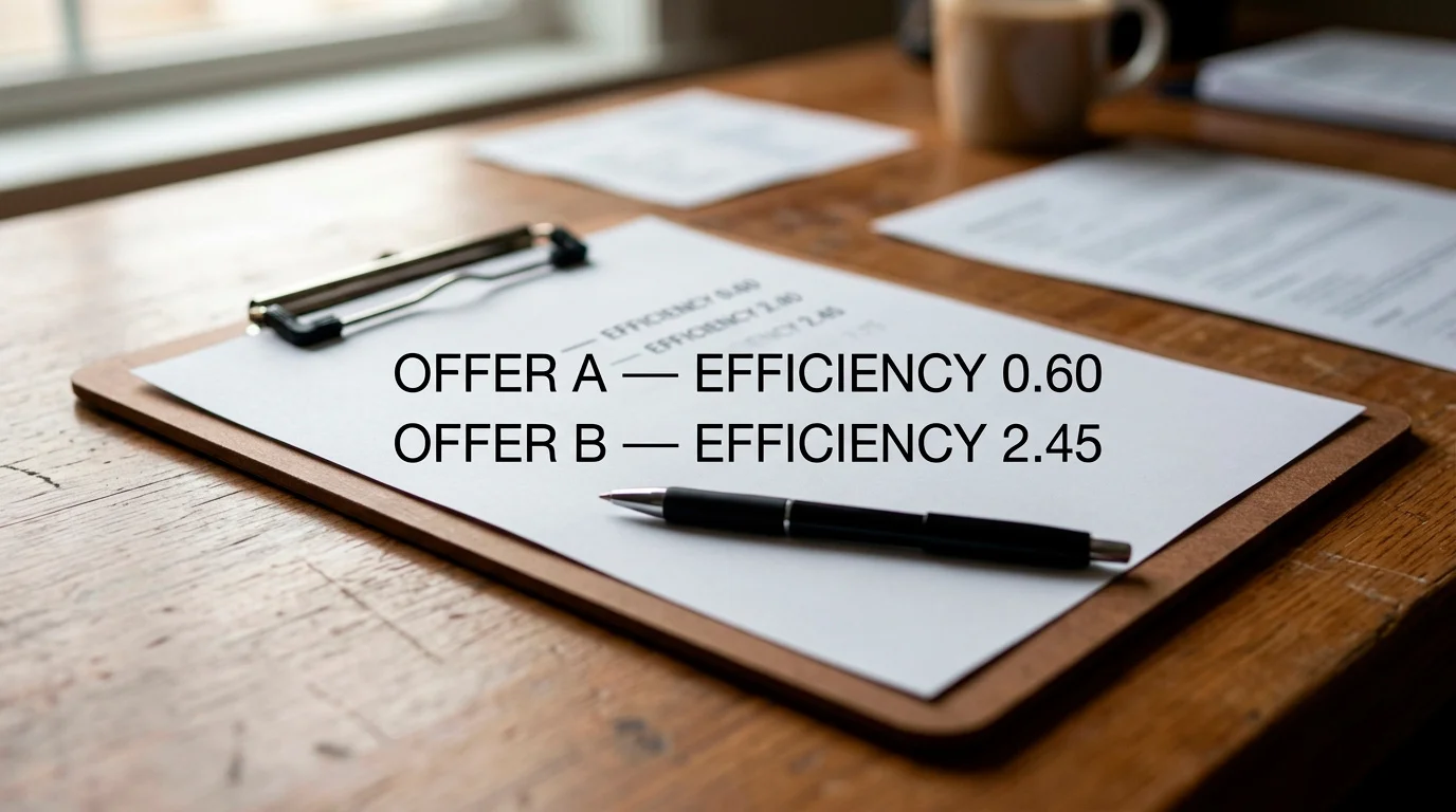 A hand-written comparison sheet on a clipboard showing per-pound efficiency ratios for two welcome offers