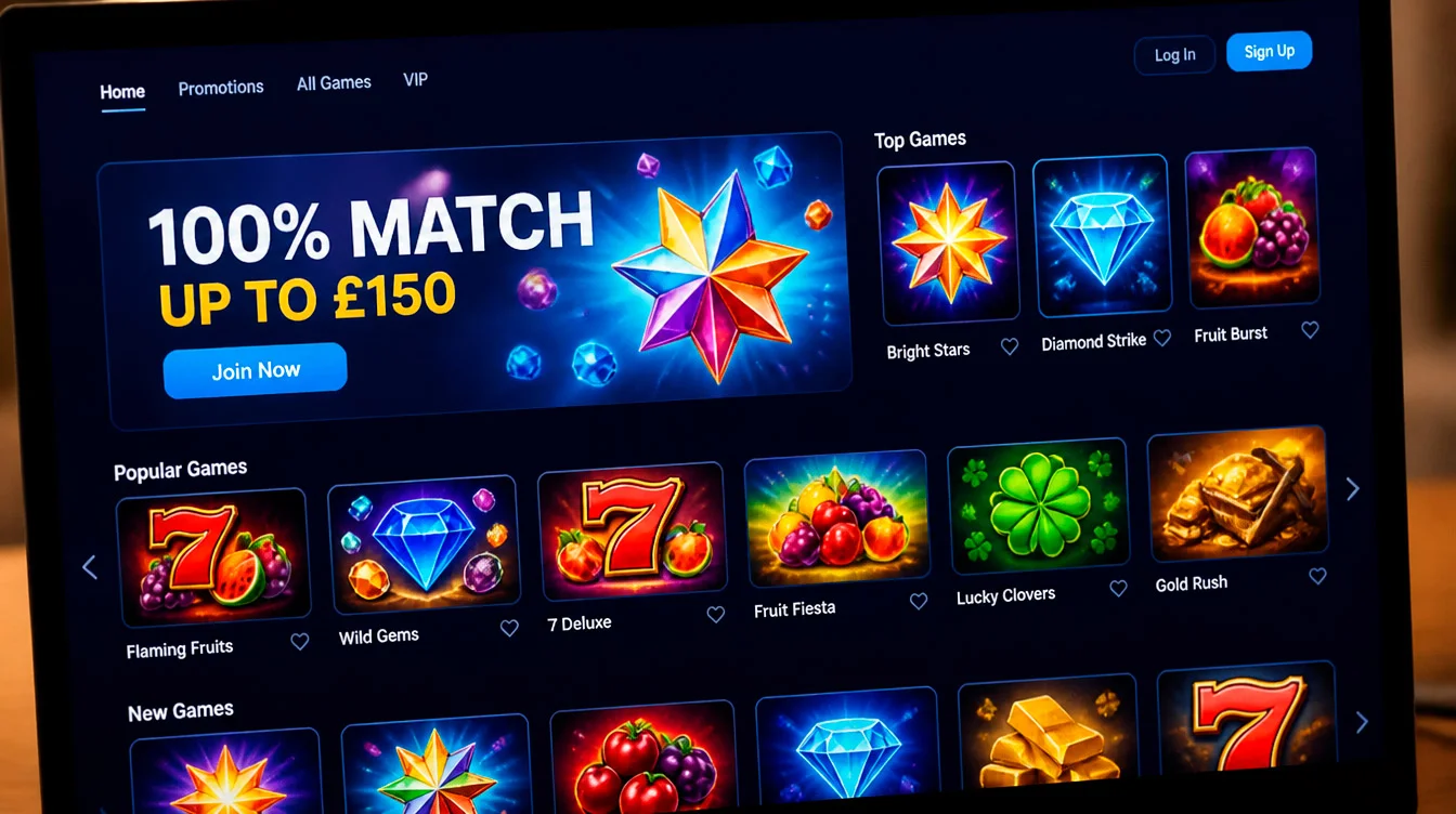 A UK online casino lobby showing a percentage-match welcome offer headline on the screen