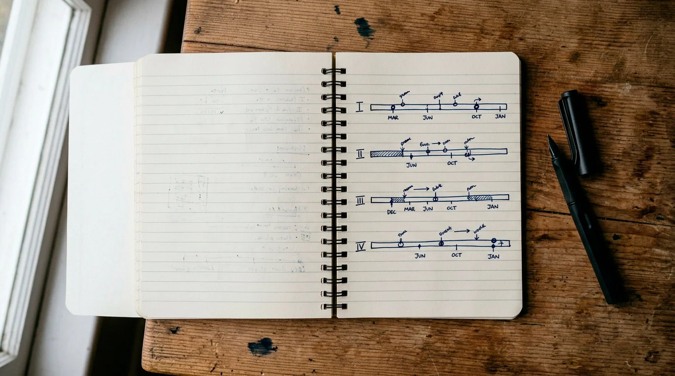 Planning notebook showing multi-stage welcome package timeline across weeks
