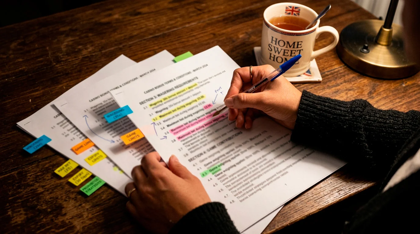 Reader carefully reviewing no deposit welcome bonus terms on paper