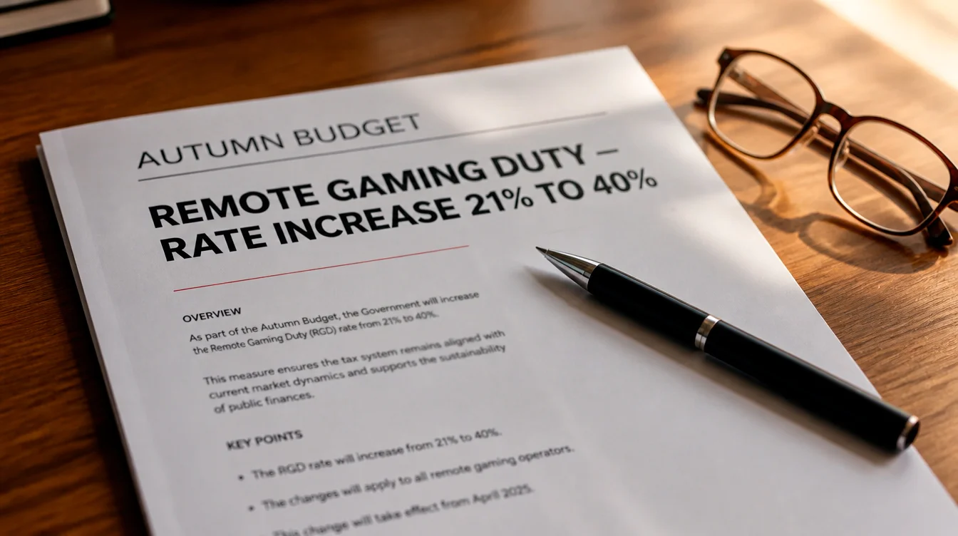 A printed Autumn Budget policy document on a desk highlighting the Remote Gaming Duty rate increase