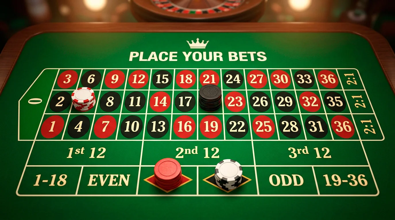 Online roulette table layout with chips on multiple positions during welcome wagering