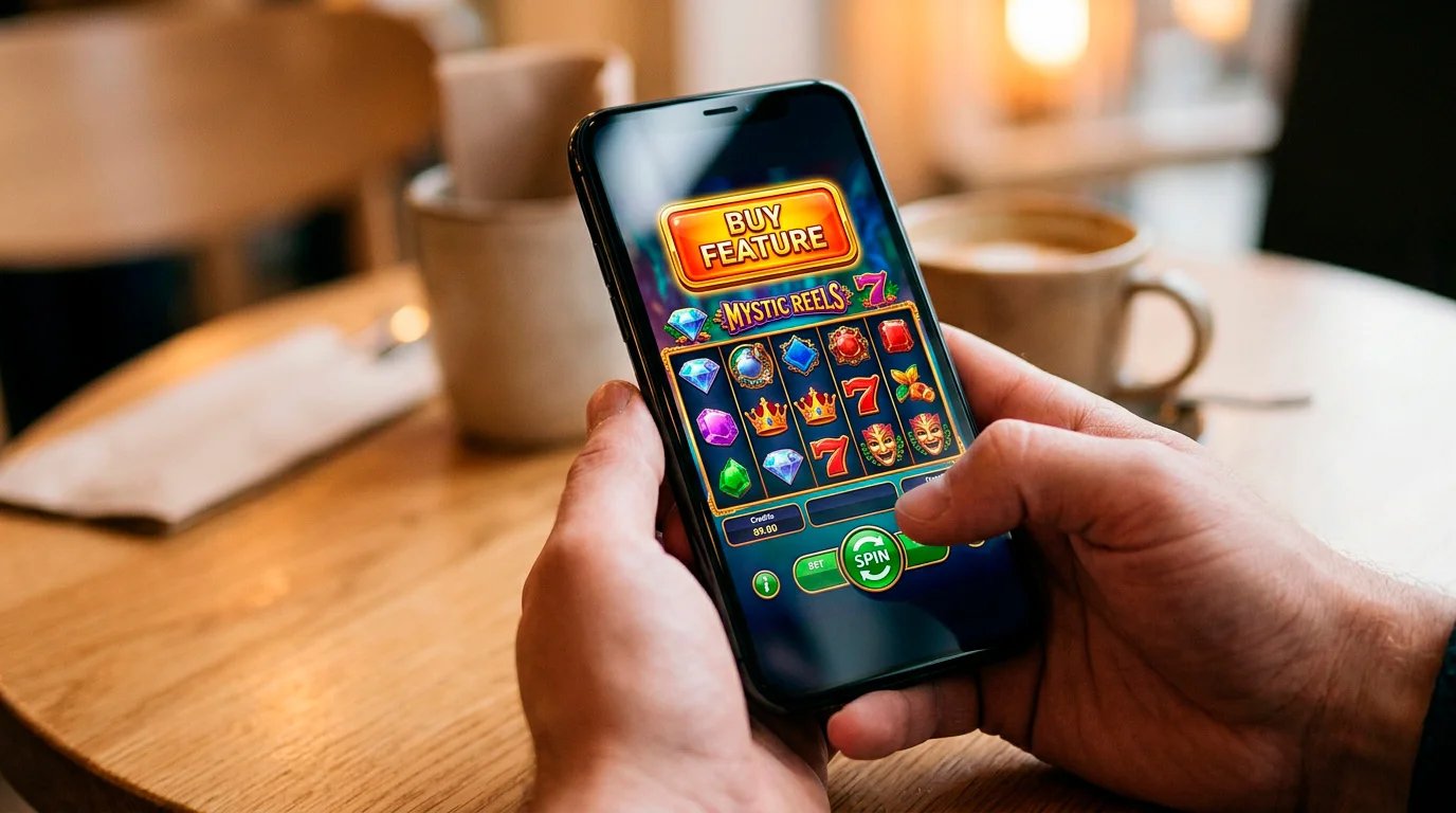 Mobile slot screen showing the feature buy button that can breach the maximum bet rule