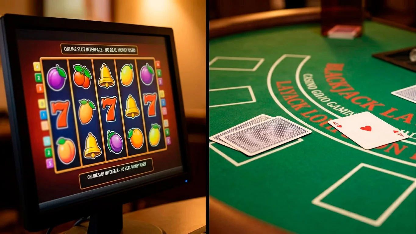 Side by side view of an online slot reel and a blackjack table showing different contribution rates