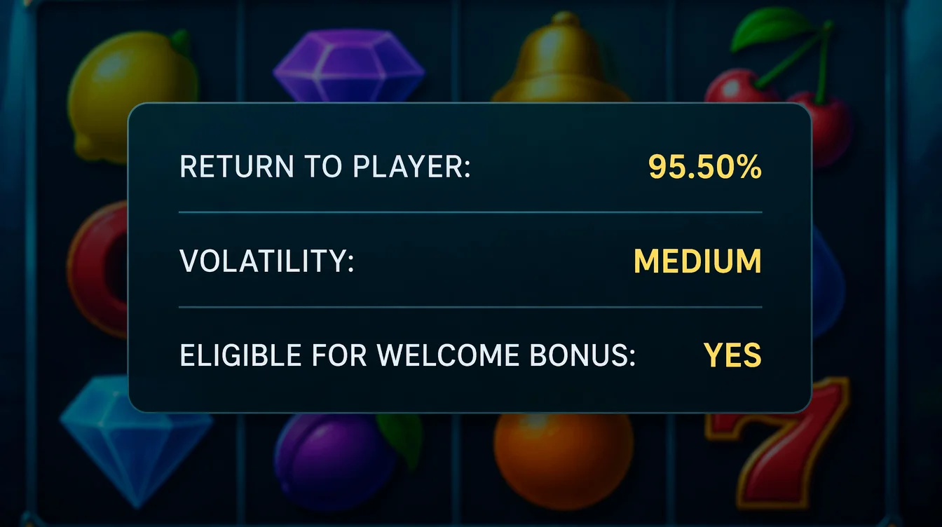 An online slot information panel displaying the return-to-player percentage relevant to bonus house edge