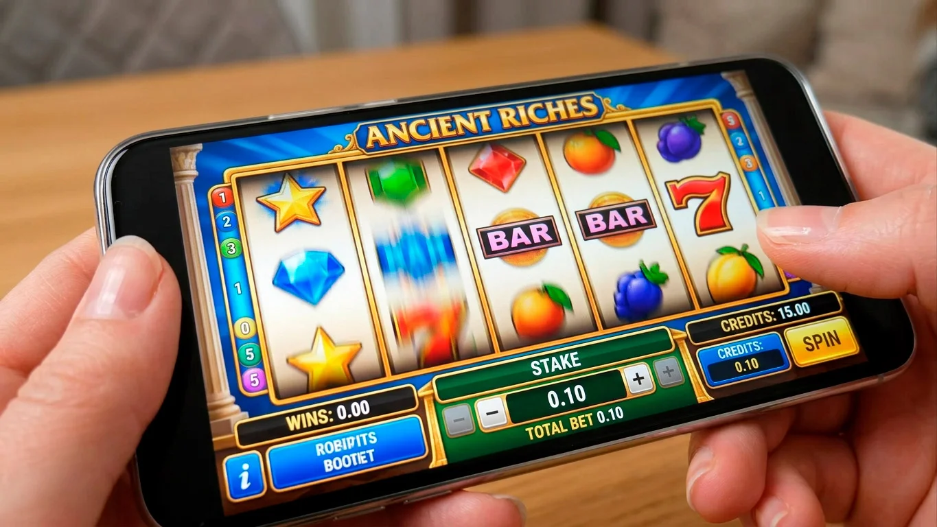 Close-up of online slot showing a low fixed stake per spin