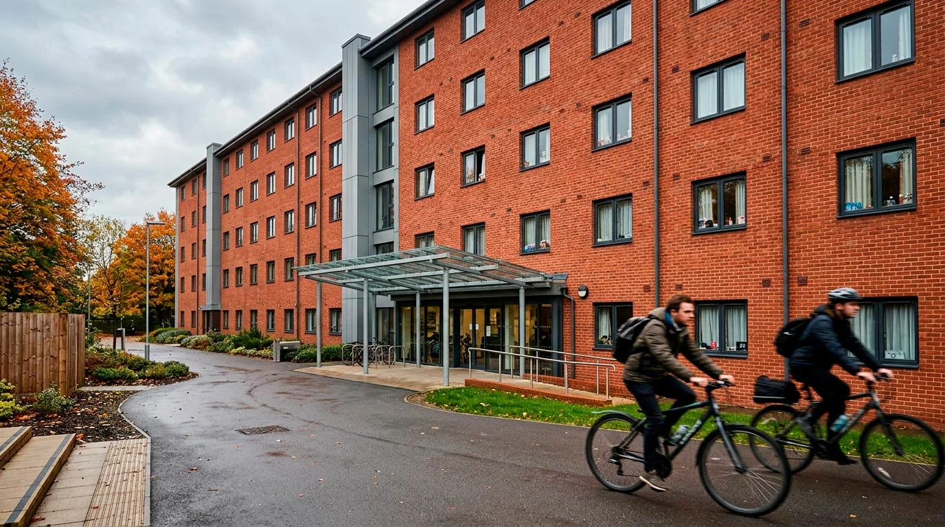 UK student halls of residence building illustrating shared-address edge cases