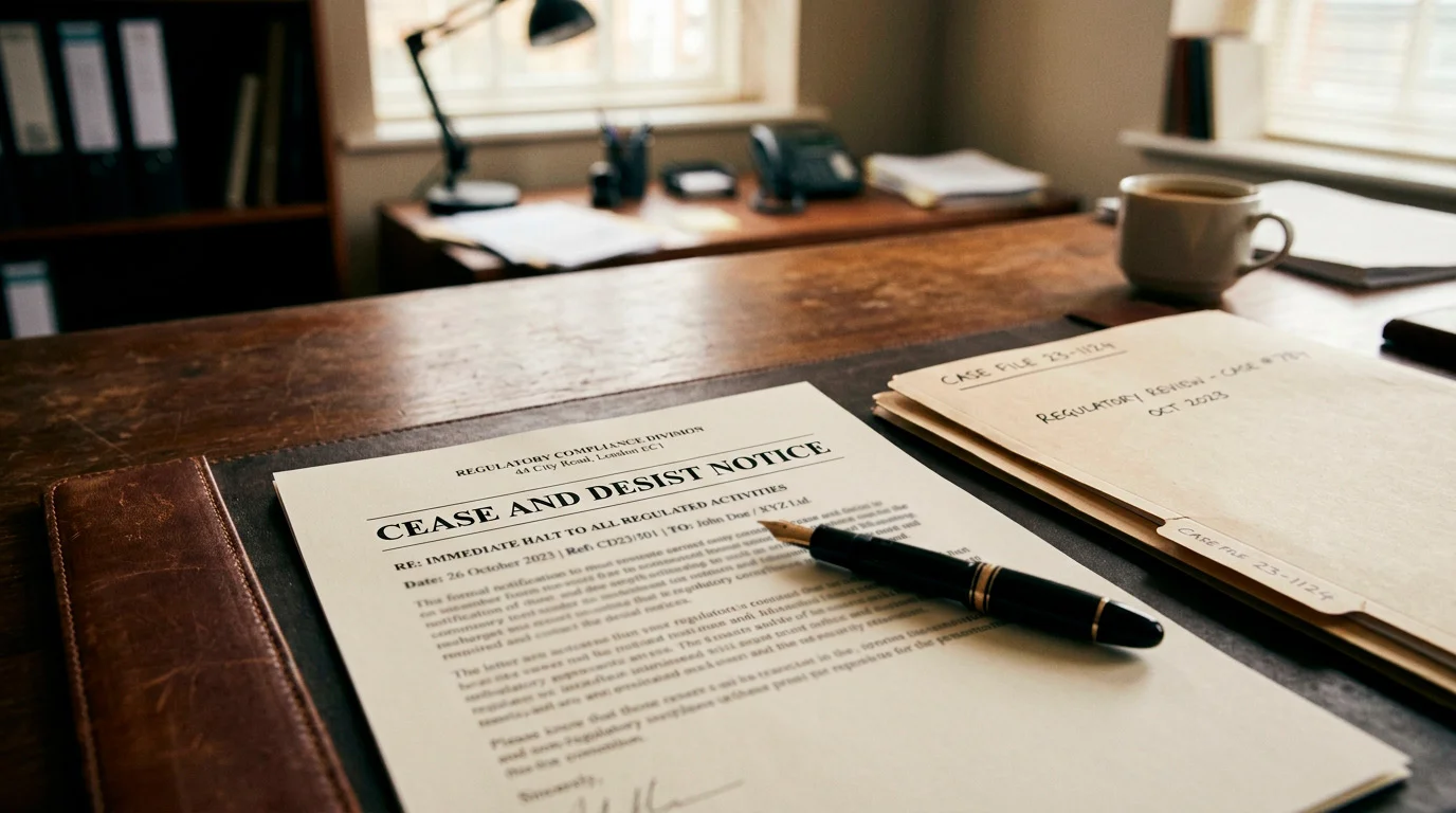 A printed cease-and-desist notice on a regulator's desk illustrating UKGC enforcement against unlicensed operators