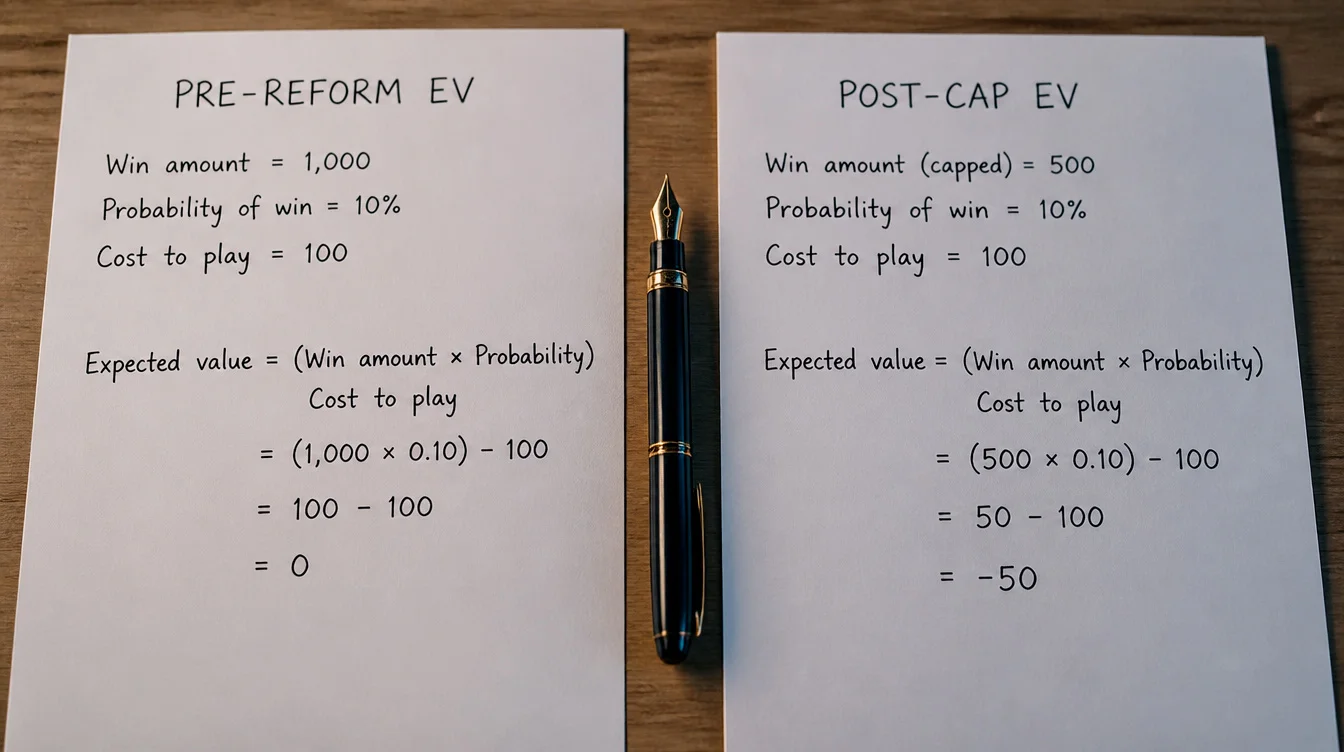 Two side-by-side hand-written sheets contrasting pre-reform and post-cap expected value calculations