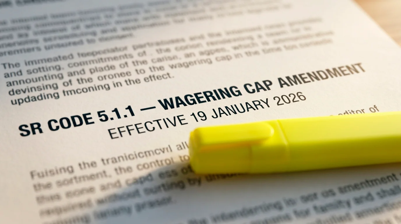 A printed Social Responsibility Code 5.1.1 amendment page on a desk highlighting the 10x wagering cap