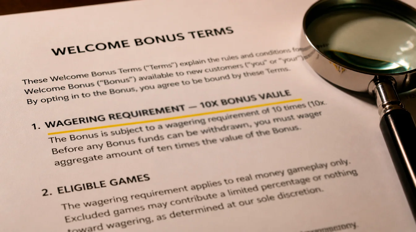 Close-up of a printed welcome bonus T&C document with the wagering clause underlined for review