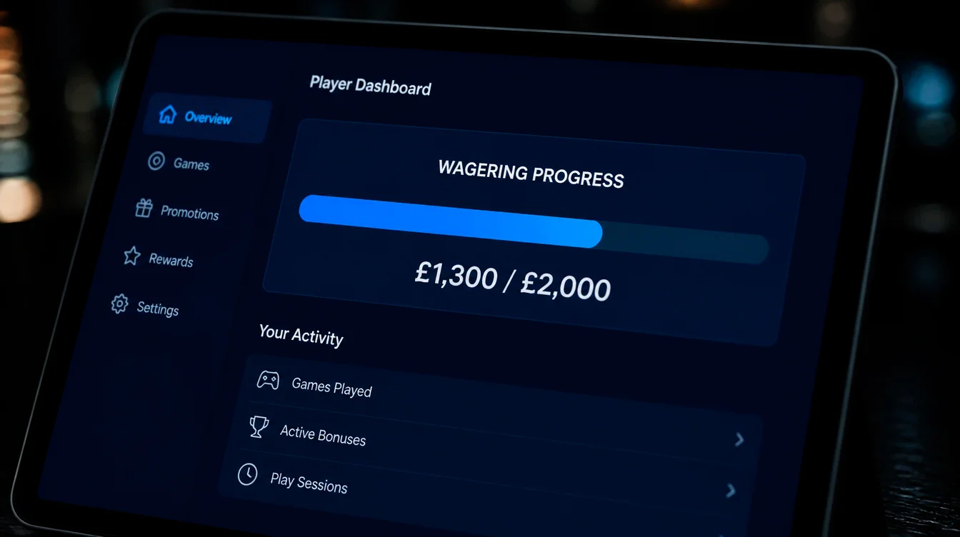 A UK online casino player dashboard with a wagering progress bar partway through the requirement