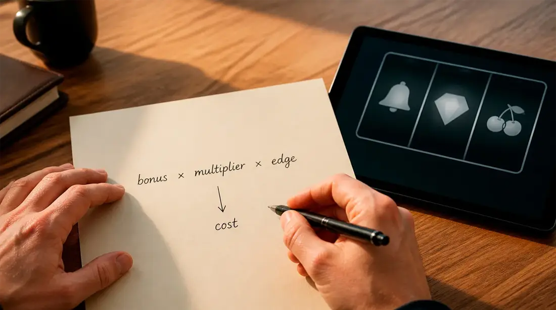 Person working through wagering requirement arithmetic on paper with a slot game open on a tablet