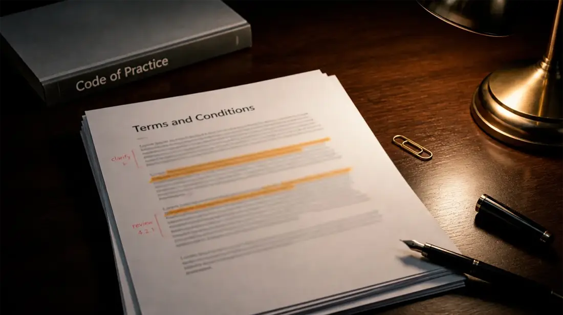 Stack of printed terms and conditions documents with key clauses highlighted on a wooden desk
