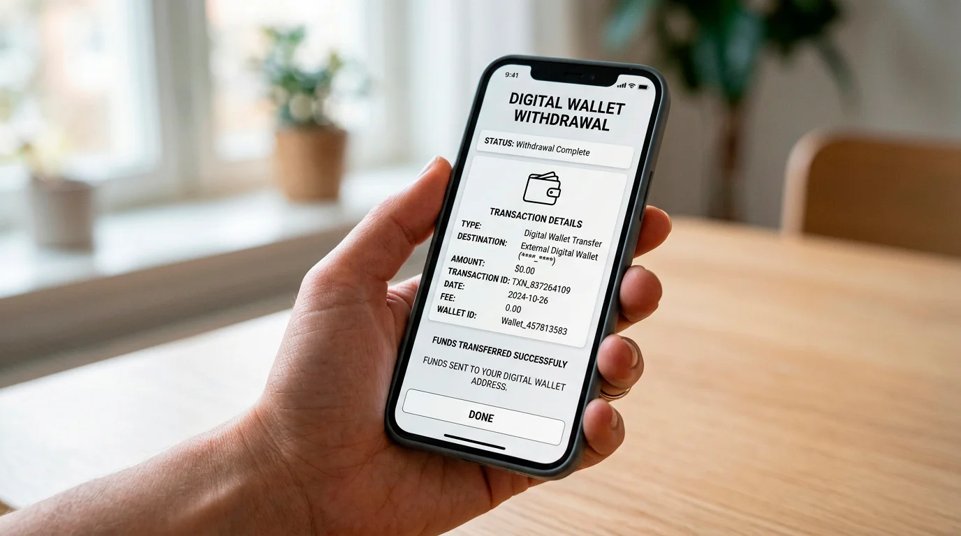 Smartphone showing a withdrawal flow back to a digital wallet